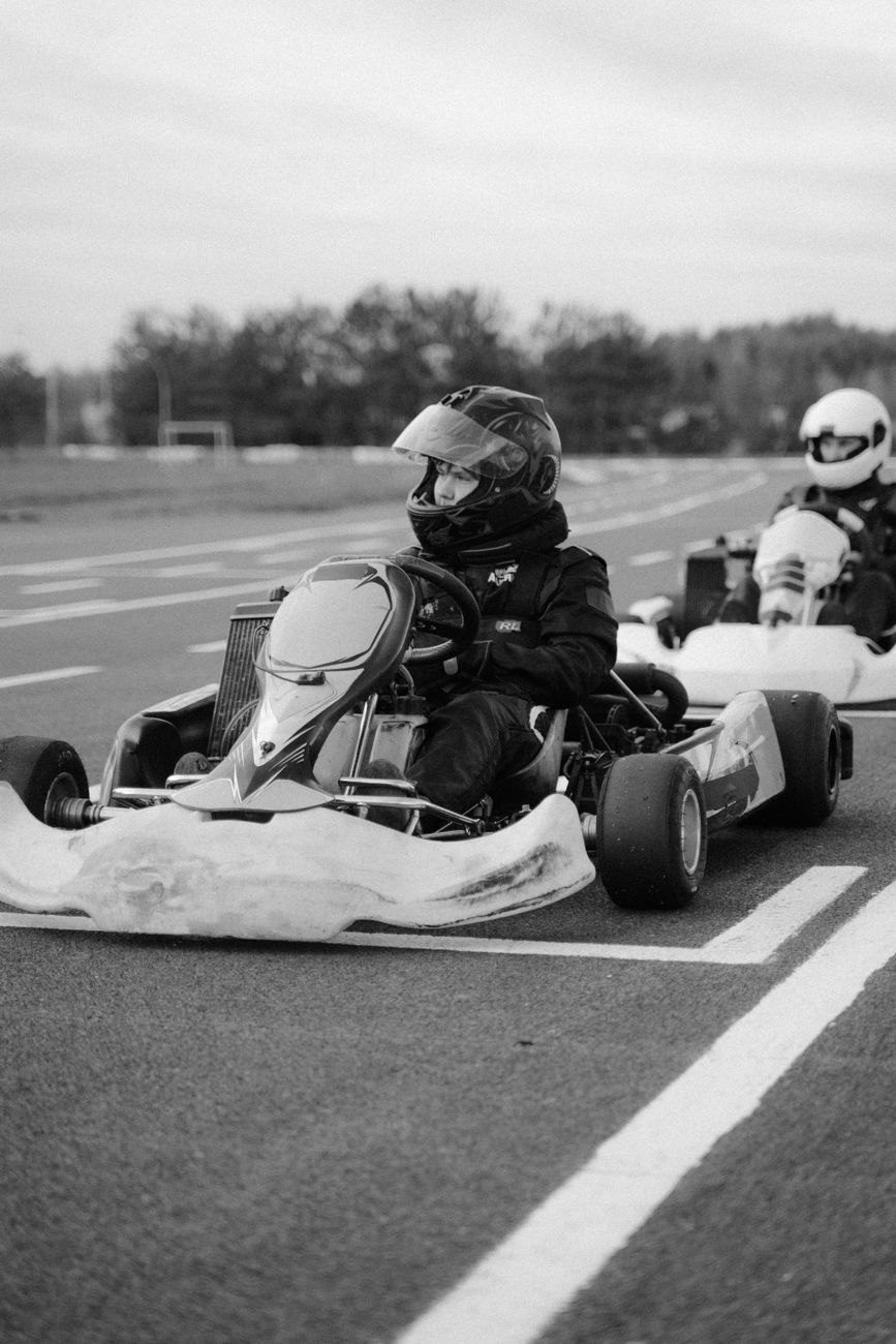 Monochrome Image of a Thrilling Go Karting jigsaw puzzle